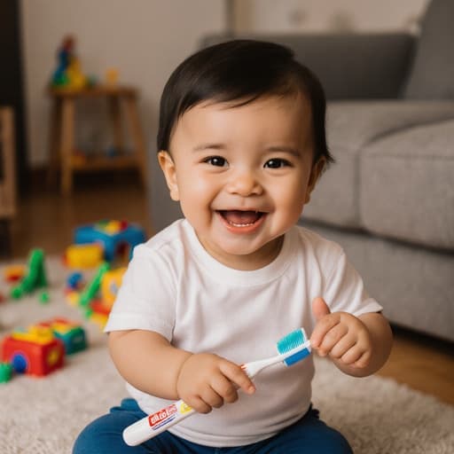 아늑한 거실에서 장난감들로 가득한 배경 속에 편안한 옷을 입고 칫솔을 들고 귀여운 웃음을 지으며 행복해하는 1살 남성 라틴계 아기의 반신 사진입니다.