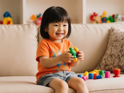 아늑한 거실 소파에 앉아 장난감을 가지고 놀고 있는 귀여운 3세 동양인 소녀의 모습. 그녀는 화사한 색상의 티셔츠와 편안한 반바지를 입고 있으며, 장난감과 함께 즐거운 표정을 짓고 있어 어린 시절의 기쁨과 순수함을 완벽하게 담고 있습니다.