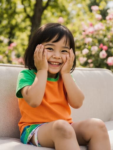 햇빛이 잘 드는 공원에서 나무와 꽃들로 둘러싸인 소파에 앉아 있는 귀여운 혼혈 3세 여성의 반신 사진. 밝은 색의 티셔츠와 편안한 반바지를 입고 있으며, 즐거운 표정으로 웃고 있습니다. 그녀의 손은 얼굴을 가리며 숨는 듯한 재미있는 자세를 취하고 있어, 공원의 활기찬 분위기와 조화를 이루고 있습니다.