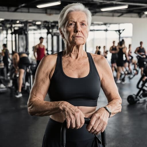 60대 백인 여성이 자연스러운 외모를 지닌 채, 다가오는 경기에 대한 불안감을 느끼며 걱정스러운 표정을 짓고 있는 반신 사진입니다. 그녀는 편안한 스포츠웨어를 착용하고 있으며, 멋진 운동복과 운동화를 신고 있습니다. 손에는 스포츠 장비를 쥐고 기다리고 있는 자세로 서 있습니다. 배경은 다양한 운동시설과 훈련하는 선수들이 있는 스포츠 센터 내부로, 활기찬 분위기를 자아냅니다.