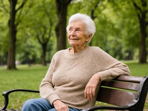 70대 혼혈 여성의 반신 촬영으로, 자연스러운 외모를 지닌 모습과 편안한 니트 스웨터와 청바지를 착용하고 있습니다. 그녀는 공원에서 벤치에 앉아 가족을 바라보며 만족스러운 표정을 짓고 있습니다. 배경은 푸른 잔디와 나무들로 구성되어 있어 아늑한 분위기를 자아냅니다. 가족 사진을 기다리며 편안한 자세로 앉아 있는 그녀의 모습은 따뜻함과 기쁨을 전달합니다.