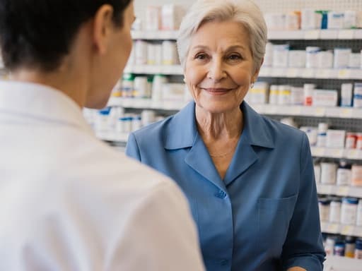 약국 카운터 앞에 서서 고객과 상담 중인 60대 유럽계 여성의 반신 사진. 그녀는 약사복을 입고 긍정적인 표정을 지으며 친절하게 대하고 있다. 배경은 다양한 약품과 건강 관련 제품들이 진열된 약국 내부로, 따뜻하고 초대하는 분위기를 연출하고 있다.
