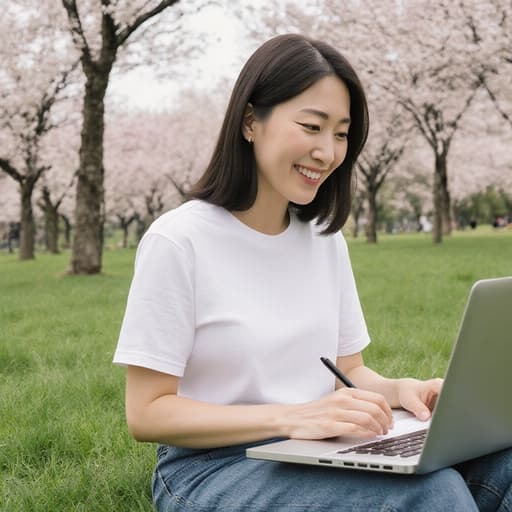 40대 한국인 여성의 반신 사진으로, 자연스러운 외모를 가진 그녀가 한적한 공원 잔디 위에 앉아 있습니다. 편안한 티셔츠와 청바지를 입고 있으며, 행복한 표정을 지으며 노트북에 글을 쓰고 있습니다. 푸른 잔디와 나무들이 어우러진 평화로운 배경 속에서 그녀의 모습이 담겨 있습니다.