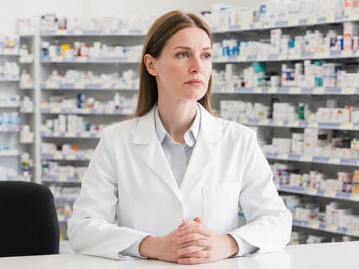 30대 백인 약사가 흰색 약사 가운과 검정색 바지를 입고 약국 카운터에 서서 긴장한 표정으로 약품 정보를 제공하는 모습의 반신 촬영, 손을 가볍게 모은 자세로, 배경에는 다양한 약품이 진열된 약국 내부가 보인다.