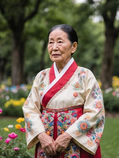 80대 동양인 여성의 반신 촬영으로, 화려한 자수가 들어간 전통 한복을 입고 있으며, 자연스러운 외모를 지닌 모습에서 걱정스러운 표정을 짓고 있습니다. 그녀는 조용히 서서 뭔가를 기다리는 자세를 취하고 있으며, 주위에는 나무와 꽃들이 있는 녹음이 우거진 공원이 있어 평화로운 분위기를 자아냅니다.