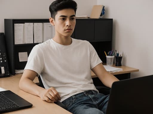 10대 초반의 혼혈 남성이 자연스러운 외모로 편안한 티셔츠와 청바지를 입고 현대적인 사무실 책상에 앉아 노트북을 바라보며 집중하고 있는 모습을 반신 촬영한 이미지입니다. 무표정으로 정리된 서류들이 있는 깨끗한 작업공간에 둘러싸여 있습니다.