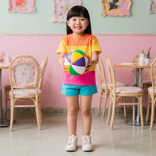 밝은 색상의 티셔츠와 반바지를 입고, 파스텔 톤의 아기자기한 카페 내부에서 공을 두 손으로 들고 활발하고 즐거운 표정을 짓고 있는 7세 아시아계 소녀의 반신 사진으로, 생동감 넘치는 분위기를 보여줍니다.