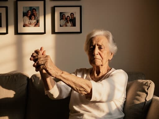 80세 라틴계 여성이 편안한 홈웨어를 입고 아늑한 소파에 앉아 스트레칭을 하며 걱정스러운 표정을 짓고 있는 반신 사진입니다. 따뜻한 조명이 비추는 거실에는 가족 사진들이 걸려 있어 아늑한 분위기를 만들어냅니다.