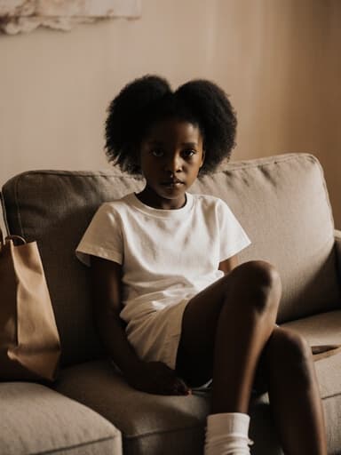 7세 아프리카계 소녀가 자연스러운 외모로 아늑한 거실의 소파에 편안하게 앉아 있는 반신 사진입니다. 그녀는 편안한 티셔츠와 반바지를 입고 있으며, 약간 지루한 표정을 지으며 다리를 뻗고 있습니다. 옆에는 가방이 놓여 있어 여유로운 분위기를 만들어냅니다. 배경은 부드러운 조명이 비추어져 있어 아늑한 느낌을 더합니다.