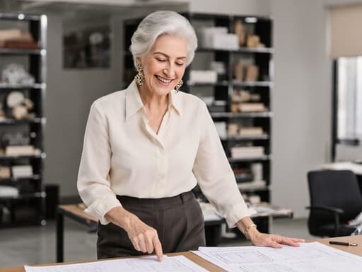 60대 중동계 여성이 세련된 블라우스와 팬츠를 입고, 디자인 스튜디오 테이블에서 디자인 시안을 살펴보며 즐거운 미소를 짓고 있습니다. 밝고 현대적인 공간에는 깔끔하게 정리된 다양한 디자인 도구들이 있어 활기차고 창의적인 분위기를 자아냅니다.