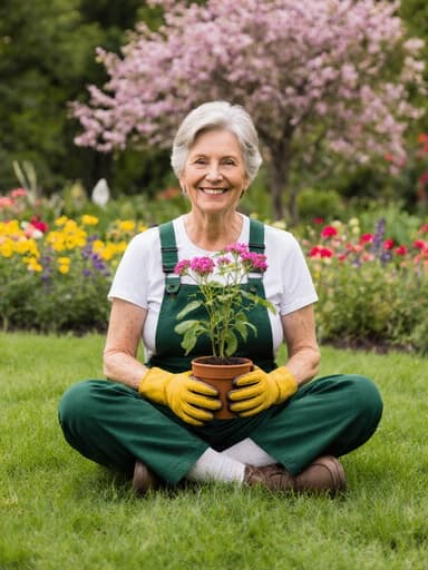 자연스러운 외모를 가진 50대 백인 여성이 정원 가꾸기에 대한 열정을 담아 미소를 짓고 있는 반신 사진입니다. 그녀는 꽃들이 만발한 활기찬 공원에서 푸른 잔디 위에 크로스 레그로 앉아 작업복과 장갑을 착용하고 있습니다. 손에는 작은 식물을 들고 있어 자연과의 깊은 연결을 보여줍니다. 배경은 만발한 꽃들과 풍부한 녹음으로 가득 차 있어 그녀의 정원 가꾸기에 대한 사랑을 완벽하게 강조합니다.