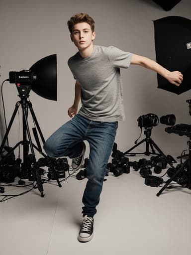 젊은 유럽계 남성이 자신의 사진 촬영을 위해 점프하며 사진 작업실에 서 있습니다. 그는 캐주얼한 티셔츠와 청바지, 스니커즈를 착용하고 있으며, 무관심한 표정이 장면의 편안한 분위기를 더해줍니다. 다양한 카메라와 장비가 배치된 환경이 사진 주제를 더욱 강조합니다.