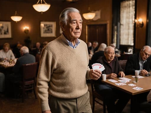 80대 혼혈 남성이 편안한 니트 스웨터와 슬랙스를 입고, 따뜻한 카페에서 천천히 걸으며 카드 한 벌을 쥐고 있는 반신 사진입니다. 주름이 많은 얼굴과 희끗희끗한 머리는 카드 게임에 대한 고민을 담고 있는 생각에 잠긴 표정을 반영하고 있으며, 주변에는 다른 사람들도 카드 게임을 즐기는 따뜻하고 아늑한 분위기가 흐릅니다.
