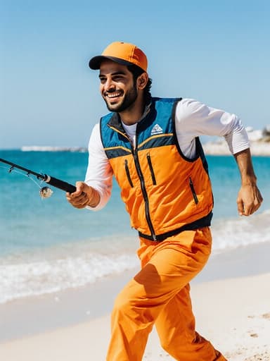 어부 복장을 입고 방수 조끼와 모자를 착용한 중동계 젊은 남성이 해변 공원에서 물고기를 잡기 위해 달리며 밝게 웃고 있는 모습, 배경에는 아름다운 바다와 백사장이 펼쳐져 있습니다.