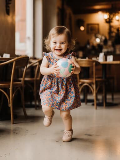 화사한 원피스를 입은 귀여운 1세의 유럽계 여아가 두 손으로 공을 잡고 장난스러운 표정으로 웃으며, 아늑한 카페의 따뜻한 조명 아래에서 기쁘게 뛰어오르고 있는 모습입니다.