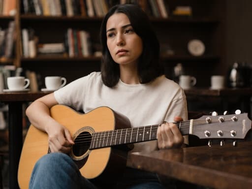 자연스러운 외모를 지닌 30대 라틴계 여성이 아늑한 카페에 편안하게 앉아 있는 반신 사진입니다. 그녀는 편안한 티셔츠와 청바지를 입고, 무릎 위에 기타를 안고 있으며 손가락으로 스트링을 부드럽게 만지고 있습니다. 걱정스러운 표정을 지으며 장면에 깊이를 더하고 있습니다. 배경에는 커피잔과 책들이 놓인 따뜻한 카페 분위기가 펼쳐져 있어, 사색과 창의성의 전체적인 분위기를 잘 나타내고 있습니다.