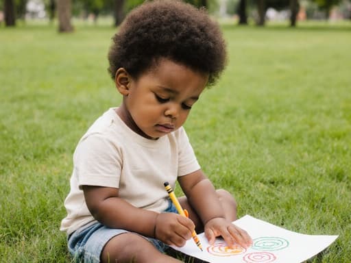 편안한 티셔츠와 반바지를 입은 귀여운 1세 흑인 남자 아기가 공원의 잔디에 앉아, 작은 크레용으로 종이에 그림을 그리고 있는 모습의 반신 사진입니다. 졸린 표정과 함께, 푸른 나무들로 둘러싸인 평화로운 환경이 어린이의 창의성과 순수함을 잘 담아내고 있습니다.