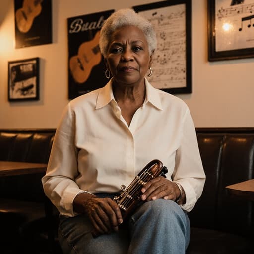 50대 아프리카계 여성의 반신 샷으로, 아늑한 카페에 앉아 있습니다. 그녀는 편안한 블라우스와 청바지를 입고 있으며, 악기를 들고 약간 긴장한 표정을 짓고 있습니다. 배경에는 음악 관련 포스터가 걸려 있어 따뜻한 분위기를 연출하고 있습니다.