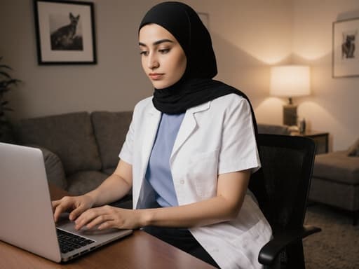 20대 중동계 여성이 의사 가운을 입고 편안한 티셔츠와 바지를 착용한 반신 촬영 모습. 회의 테이블에 앉아 노트북을 바라보며 차분하고 집중한 표정을 짓고 있다. 배경은 동물 병원처럼 꾸며진 아늑한 거실로, 따뜻하고 초대하는 분위기를 연출하고 있다.