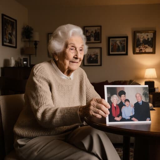 이 이미지는 아늑한 거실에 있는 80세 유럽계 여성을 담고 있으며, 편안한 니트 스웨터와 슬랙스를 입고 있습니다. 그녀는 테이블에 앉아 가족 사진을 바라보며 지혜로운 표정과 사랑스러운 미소를 짓고 있어, 가족에 대한 그리움과 애정이 가득한 따뜻한 분위기를 만들어냅니다.