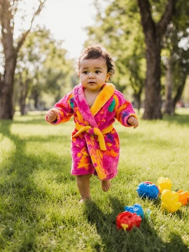 밝은 색상의 목욕 가운을 입은 1세의 라틴계 여성 아기가 약간 지루한 표정을 지으며 목욕 장난감을 가지고 놀며 달리고 있는 모습을 담은 전신 사진. 햇살이 비추는 공원과 푸른 잔디, 나무들로 둘러싸인 생동감 넘치는 분위기를 연출합니다.