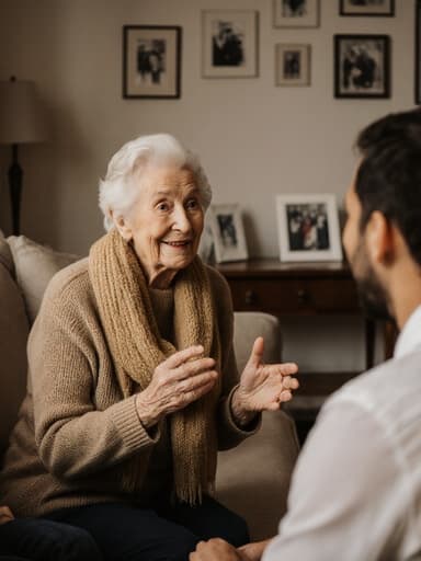 이 이미지는 80대 백인 여성이 아늑한 거실의 소파에 앉아 편안한 니트 스웨터와 따뜻한 색상의 스카프를 착용한 모습을 담고 있습니다. 그녀는 가족을 바라보며 따뜻한 미소를 지으며 대화를 나누고 있으며, 손짓을 하며 소통하고 있습니다. 벽에는 가족 사진이 걸려 있어 친밀하고 아늑한 분위기를 만들어냅니다.