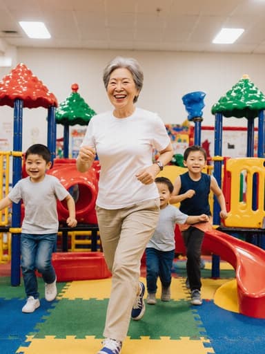 50대 아시아계 여성의 전신 사진으로, 편안한 티셔츠와 캐주얼한 바지, 운동화를 착용하고 있습니다. 그녀는 다양한 놀이기구와 색색의 장난감이 있는 밝고 활기찬 유치원 놀이터에서 아이들과 함께 즐겁게 달리고 있습니다. 그녀의 표정은 자연스러운 미소를 짓고 있으며, 이 활기차고 생동감 넘치는 환경에서 행복과 따뜻함을 발산하고 있습니다.