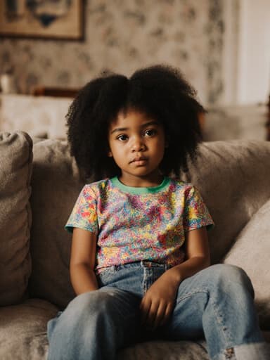 7세 흑인 여아가 아늑한 거실 소파에 앉아 화려한 프린트 티셔츠와 편안한 청바지를 입고 약간 지루한 표정을 짓고 있는 모습의 반신 사진입니다. 따뜻하고 아늑한 배경은 장식된 벽과 편안한 소파를 특징으로 하여 편안한 분위기를 만들어냅니다.