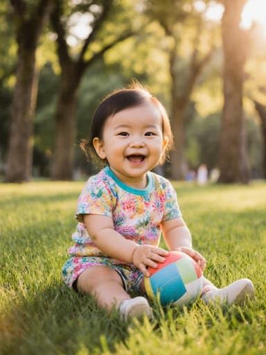 푸른 잔디밭에 앉아 있는 1세의 동양인 여성 아기가 두 손으로 색색의 공을 잡고 있습니다. 그녀는 화려하고 편안한 티셔츠와 반바지를 입고 있으며, 선명한 나무들과 맑은 하늘을 배경으로 즐거움과 활발함을 발산하고 있습니다.