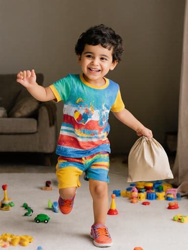 아늑한 거실에서 즐겁게 춤추고 있는 3세 중동계 남자아이의 전신 사진. 그는 컬러풀한 티셔츠와 반바지, 밝은 색상의 운동화를 입고 있으며, 어깨에 가방을 메고 있습니다. 장난감이 바닥에 흩어져 있고 소파가 있는 따뜻한 배경이 그 아이의 장난기 가득한 모습을 강조하는 활기찬 분위기를 만들어냅니다.