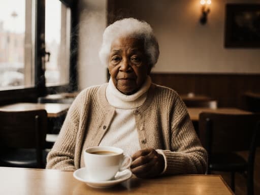 80대 아프리카계 여성이 아늑한 카페 테이블에 편안히 앉아 부드러운 니트 스웨터와 따뜻한 카디건을 입고 있습니다. 그녀는 테이블 위에 놓인 따뜻한 차를 평화롭게 바라보며 만족스러운 표정을 짓고 있습니다. 카페의 따뜻한 조명이 아늑한 분위기를 더해주어 고요한 환경을 만들어냅니다.