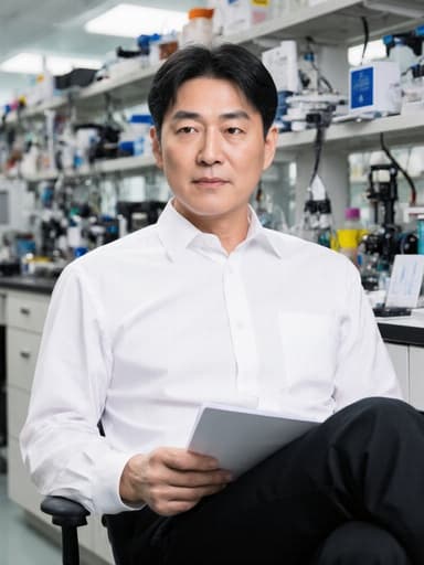 50대 한국인 남성이 깔끔한 흰색 셔츠와 검은색 바지를 입고 현대적인 연구 실험실에서 편안하게 앉아 있는 반신 사진. 한 손에는 노트를 들고 있으며, 과학적 혁신의 배경 속에서 편안하고 사려 깊은 태도를 드러내고 있습니다.
