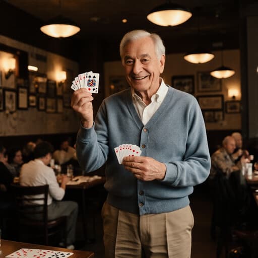 아늑한 카페에서 편안한 카디건과 슬랙스를 입고 있는 80대의 혼혈 남성이 카드 테이블 앞에서 손에 카드를 들고 춤추듯이 움직이며 만족스러운 미소를 짓고 있습니다. 따뜻한 분위기는 공동체와 즐거움을 반영하고 있습니다.