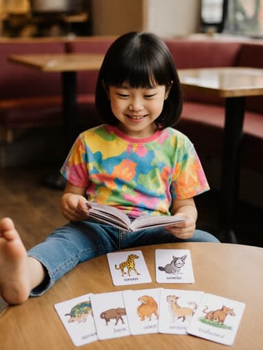 아늑한 카페에 앉아 있는 7세 동양인 여아가 밝은 색상의 티셔츠와 청바지를 입고, 테이블 위에 펼쳐진 플래시카드를 통해 동물 이름을 배우는 모습입니다. 자연스러운 미소가 새로운 단어를 배우는 흥미를 잘 표현하고 있습니다.