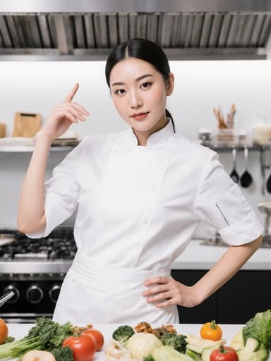 "세련된 요리사 복장을 착용한 젊은 한국인 여성 요리사가 현대적인 주방에서 자신감 넘치는 포즈를 취하고 있으며, 한 손은 허리춤에 두고 다른 손으로 재료를 가리키고 있는 모습, 화사한 조명 아래 다양한 조리 도구가 배치되어 있습니다."