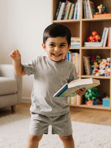 3세의 귀여운 라틴계 남성이 편안한 티셔츠와 반바지를 입고 책을 들고 장난기 가득한 표정으로 미소를 지으며 춤추듯이 흔들고 있는 반신 사진. 아늑한 거실 배경에는 책장과 장난감들이 놓여 있어 즐겁고 따뜻한 분위기를 전달합니다.