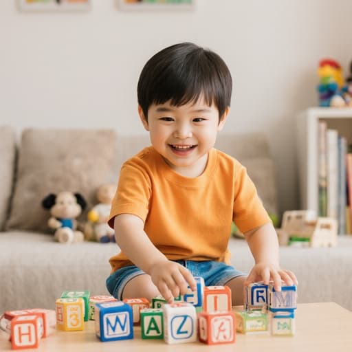 밝고 아늑한 거실에서 테이블 위의 알파벳 블록과 놀고 있는 행복한 3세 한국 남자아이의 반신 샷입니다. 밝은 색상의 티셔츠와 반바지를 착용하고 순수한 미소를 지으며 즐거움과 순수함을 발산하고 있습니다.