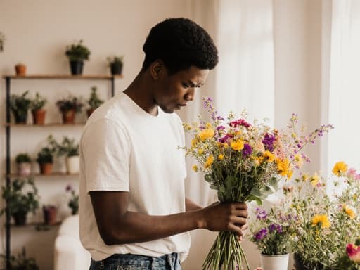 10대 초반의 아프리카계 남성이 반신 사진으로 촬영되었으며, 편안한 티셔츠와 청바지를 입고 있습니다. 그는 꽃다발을 들고 꽃을 정성스럽게 꽂으면서 찡그린 표정을 짓고 있습니다. 밝은 거실에는 화려한 화분이 가득하여 장면을 더욱 밝고 생기 있게 만들어 줍니다.