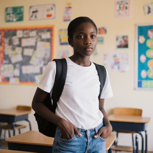 교실에 서 있는 10대 초반의 아프리카계 여성 학생이 편안한 티셔츠와 청바지를 입고 있으며, 한 손은 주머니에 넣고 다른 손으로 가방 끈을 들고 무관심한 표정으로 앞을 바라보고 있습니다. 배경에는 학습 자료가 걸려 있고 책상이 보입니다.