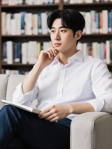 30대 한국 남성이 자연스러운 외모로 연구 센터의 소파에 편안하게 앉아 있습니다. 깔끔한 셔츠와 슬랙스를 착용하고 있으며, 고민하는 표정으로 한 손은 턱을 괴고 다른 손은 메모장을 들고 연구 결과에 대해 깊이 생각하고 있습니다. 배경은 학술 자료로 가득한 책장이 있는 연구 센터입니다.