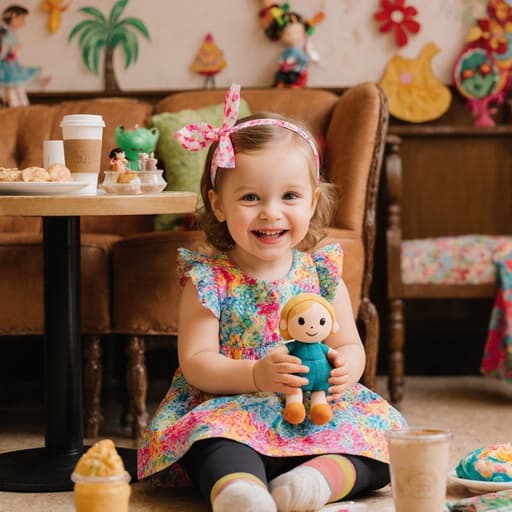 사랑스럽고 귀여운 외모의 3살 유럽계 소녀가 화려한 색상의 원피스와 레깅스를 입고, 리본 장식이 달린 헤어밴드를 착용한 채로 카페 바닥에 앉아 인형과 즐겁게 노는 모습의 반신 사진입니다. 그녀의 얼굴은 활발하고 행복한 표정으로 가득 차 있으며, 배경에는 음료와 간식이 놓인 아기자기한 인테리어의 카페가 있어 따뜻하고 초대하는 분위기를 더하고 있습니다.