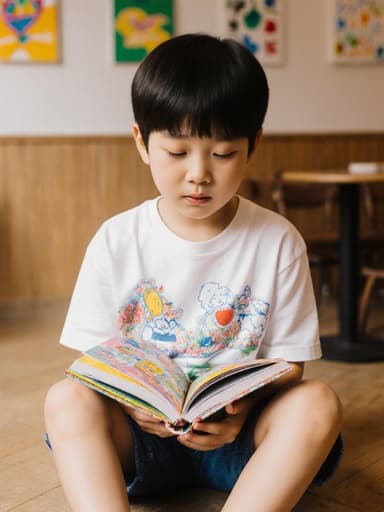 귀여운 외모를 가진 7세 한국인 남성이 아늑한 카페 바닥에 앉아 있습니다. 편안한 티셔츠와 반바지를 입고 있으며, 졸린 표정을 지으며 색깔이 그려진 책을 손에 들고 있습니다. 배경에는 다양한 색상으로 꾸며진 그림들이 걸려 있는 아늑한 카페 내부가 있어 따뜻한 분위기를 자아냅니다.