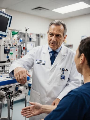 의사 가운을 입고 이름표가 부착된 50대 유럽계 남성이 피곤한 표정을 지으며 응급실 환경에서 의료 장비를 조작하는 모습. 긴 하루를 보낸 듯한 느낌을 주며, 배경에는 다양한 의료 장비와 환자 대기 공간이 보이고, 부드럽고 밝은 조명이 의료 분야의 전문성을 강조하는 이미지를 담고 있습니다.