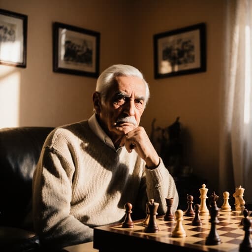 80대 중동계 남성이 깊은 주름과 흰 머리를 가진 채로 니트 스웨터와 슬랙스를 입고 있습니다. 그는 체스판을 걱정스러운 표정으로 바라보며 손으로 턱을 괸 채 기다리고 있는 모습입니다. 따뜻한 색조의 거실 배경에는 체스 관련 사진들이 걸려 있고, 햇빛이 창문을 통해 들어옵니다.