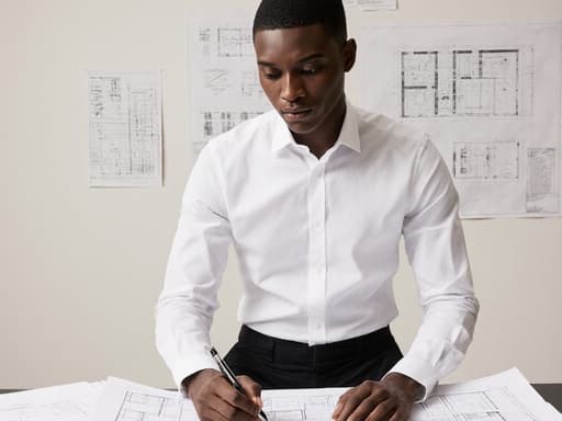 20대 아프리카계 남성 모델이 흰색 셔츠와 검은색 바지를 착용하고, 테이블 위에 놓인 건축 도면을 펜을 들고 집중해서 살펴보고 있는 모습이 깔끔한 모델링실 배경 속에 담겨 있어, 집중과 전문성을 전달합니다.