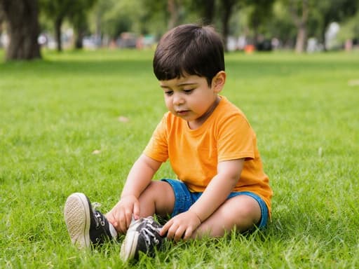 귀여운 3세 중동계 남자아이가 반신 촬영으로 담겨 있으며, 밝은 색상의 티셔츠와 반바지를 입고 있습니다. 그는 공원의 푸른 잔디 위에 앉아 신발을 신으려고 다리를 뻗고 있으며, 배고픈 표정을 짓고 있습니다. 배경에는 푸른 잔디와 나무들이 있어 장면의 놀이적이고 활기찬 분위기를 강조하고 있습니다.