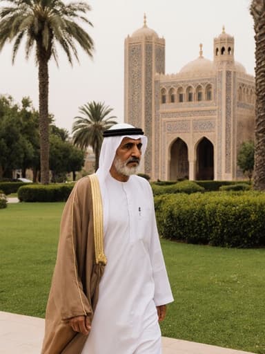 70대 중동계 남성이 전통 중동 의상을 입고 전통적인 중동 공원에서 천천히 걷고 있으며 지루한 표정을 짓고 있는 전신 사진. 자연과 문화적 요소의 아름다움에 둘러싸여 있습니다.