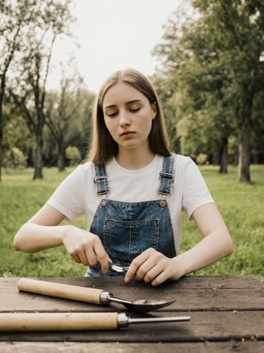 10대 후반의 백인 여성, 편안한 티셔츠와 청바지, 농작물 관리에 적합한 작업 장갑을 착용하고 공원에 있는 테이블에 앉아 있습니다. 그녀는 농작물 관리 도구를 손에 들고 무관심한 표정으로 살펴보며 푸른 잔디와 나무가 어우러진 평화로운 배경 속에서 농업에 대한 여유롭고 집중된 태도를 반영하고 있습니다.