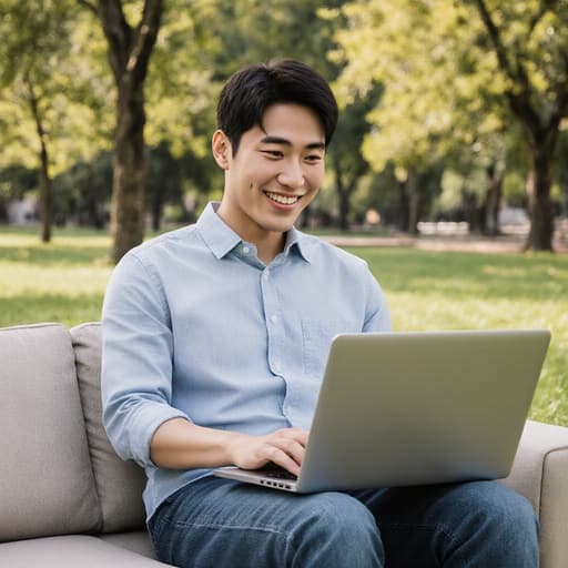 30대 아시아계 남성이 캐주얼한 셔츠와 청바지를 입고 아름다운 공원에서 소파에 앉아 노트북을 사용하며 친근한 미소를 짓고 있는 반신 촬영 이미지. 푸르고 무성한 나무와 잔디가 주변에 있어 편안하고 친근한 분위기를 자아냅니다.