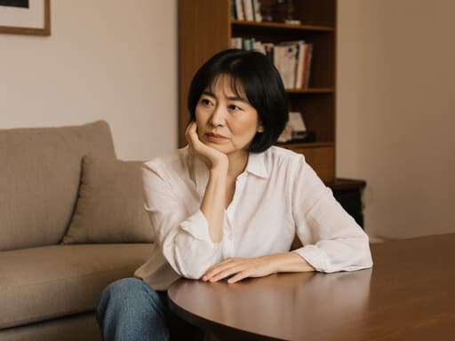 40대 동양인 여성이 편안한 블라우스와 청바지를 입고 아늑한 거실의 테이블에 앉아 턱을 손으로 괴고 고민스러운 표정을 짓고 있는 반신 촬영. 배경에는 소파와 책장이 있어 따뜻한 분위기를 자아냅니다.